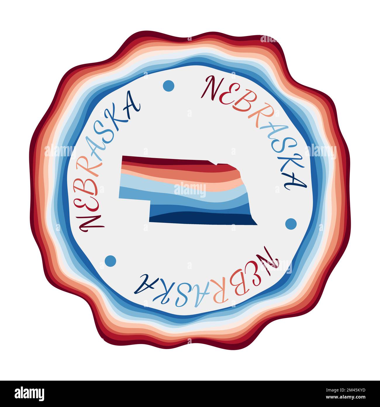 Nebraska-Abzeichen. Karte des US-Bundesstaates mit wunderschönen geometrischen Wellen und leuchtendem rot-blauem Rahmen. Lebendiges rundes Nebraska-Logo. Vektorabbildung. Stock Vektor