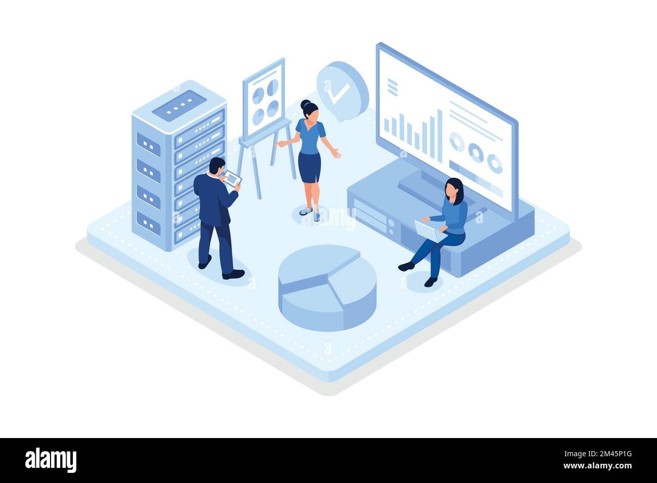 Geschäftsfiguren, die Remote-Server zur Analyse großer Datenmengen und zur Erkennung von Fehlern verwenden, isometrische Vektoren und moderne Illustration Stock Vektor
