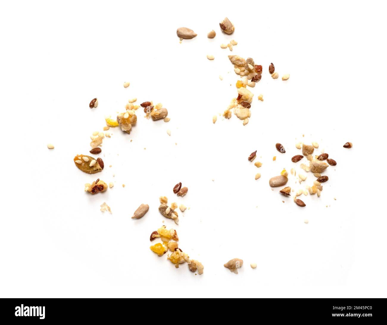 Abstrakte Getreidekörner, Samen, Müsli, Körner auf weißem Hintergrund, Draufsicht Stockfoto