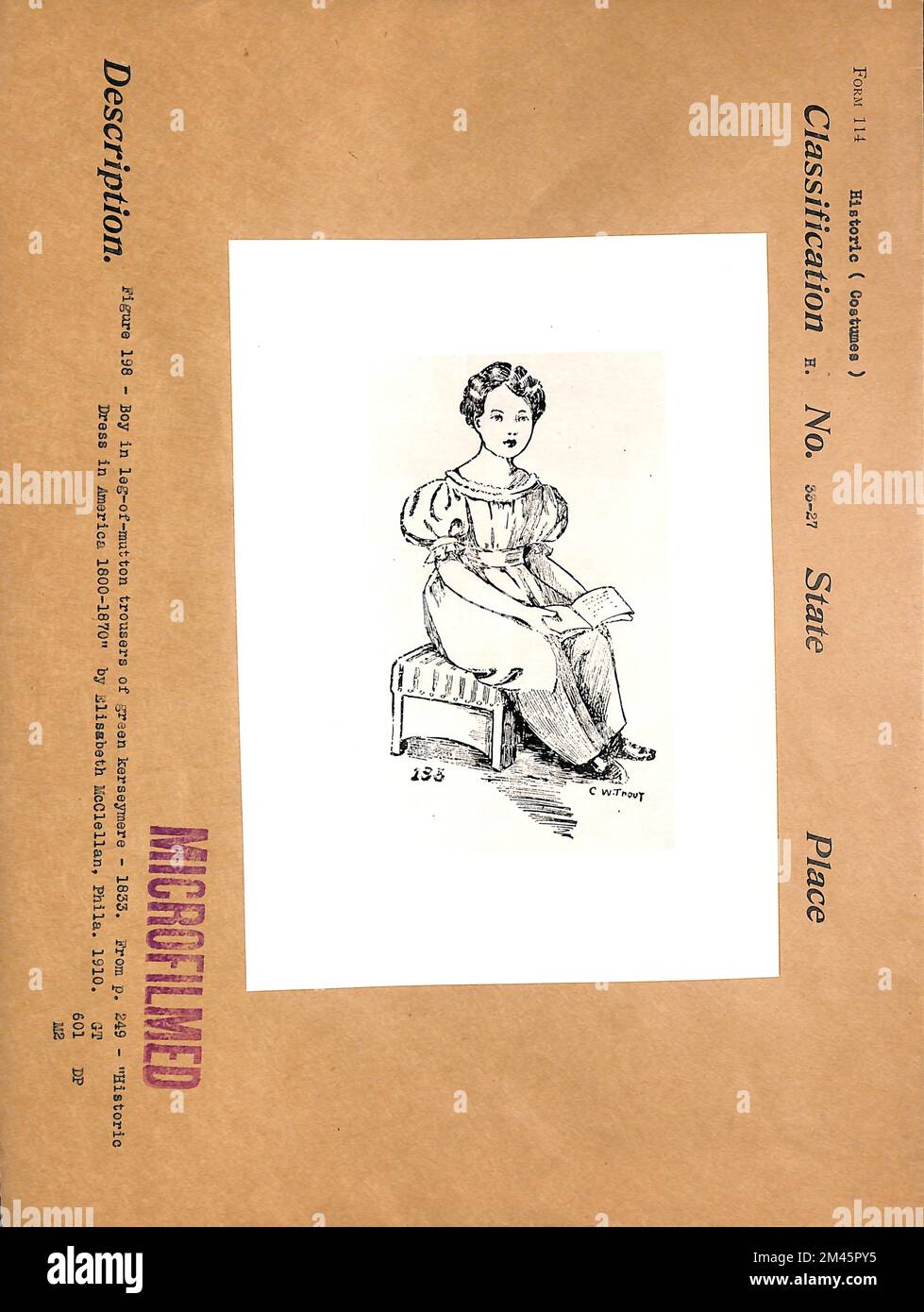 Boy in Leg-of-Mutton Hosen von Green Kerseymere, 1833. Originalüberschrift: Abbildung 198 - Junge in Hammerkeule-Bein-Hose aus grünem Kerseymere - 1833. Ab S. 249 - 'Historic Dress in America 1800-1870' von Elisabeth McClellan, Phila. 1910. Stockfoto