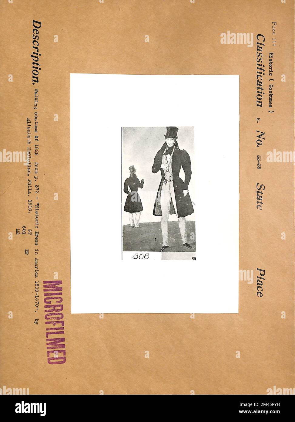 Wanderkostüm von 1828. Originalunterschrift: Wanderkostüm von 1828 von S. 372 - "Historisches Kleid in Amerika 1800-1870". Von Elisabeth McClellan, Phil. 1910. Stockfoto