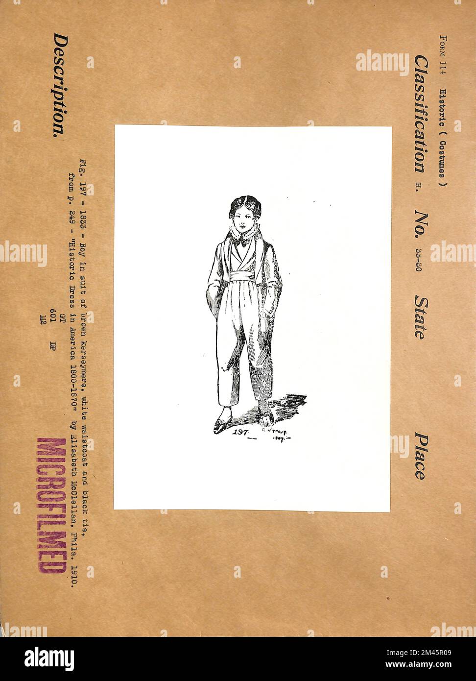 Ein Junge im Anzug von Brown Kerseymere, weißer Weste und schwarzer Krawatte. Originalunterschrift: Abb. 197 - 1833 - Junge in braunem Kerseymere, weißer Weste und schwarzer Krawatte. Ab S. 249 - 'Historic Dress in America 1800-1870' von Elisabeth McClellan, Phila. 1910. Stockfoto