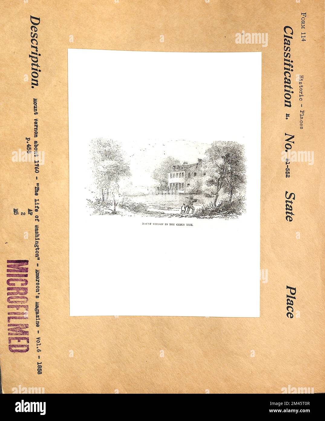 Mount Vernon ca. 1760 km. Originaltitel: Mount Vernon about 1760- 'The Life of Washington'- Emerson's Magazine- Vol. 6 -1858 S. 458. Stockfoto