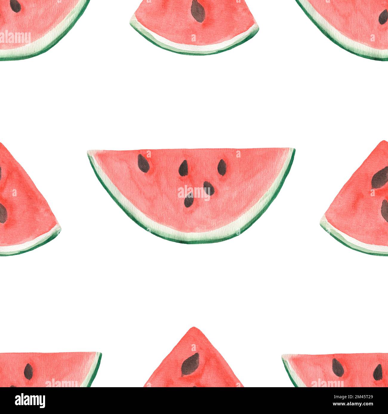 Wassermelone in Aquarellfarben schneidet nahtlose Muster, handgemalte Fruchtmuster. Sommerdarstellung. Exotische rote Fruchtklammerkunst. Stockfoto