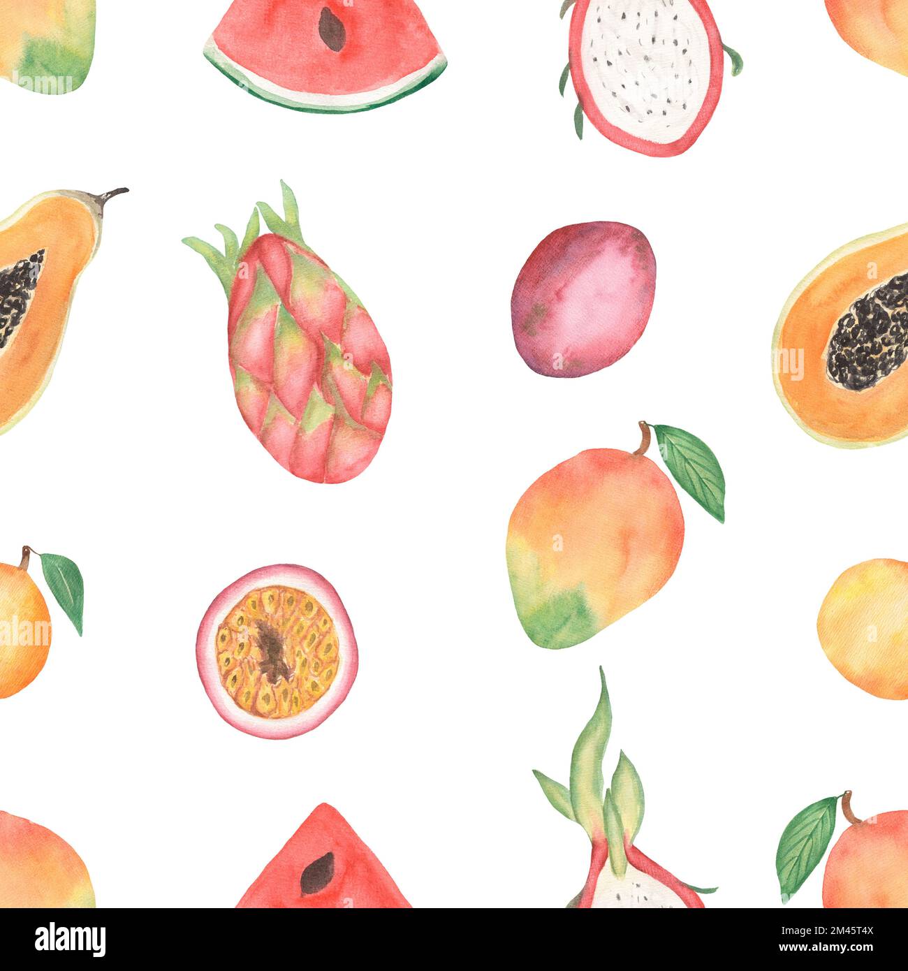 Aquarell tropische Früchte nahtloses Muster, handgezogene Kokosnuss, Mango, Wassermelone, Papaya, drachenfrucht, Orange, digitales Papier, Monstera hinterlässt Patt Stockfoto