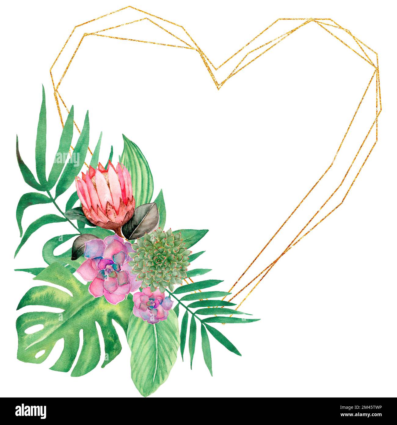 Aquarelle tropische Blätter und Blumen Rahmen Illustration, goldener geometrischer Herzkranz, Sukkulenten, protea Blütenzusammensetzung, Blumenarrangements. Stockfoto