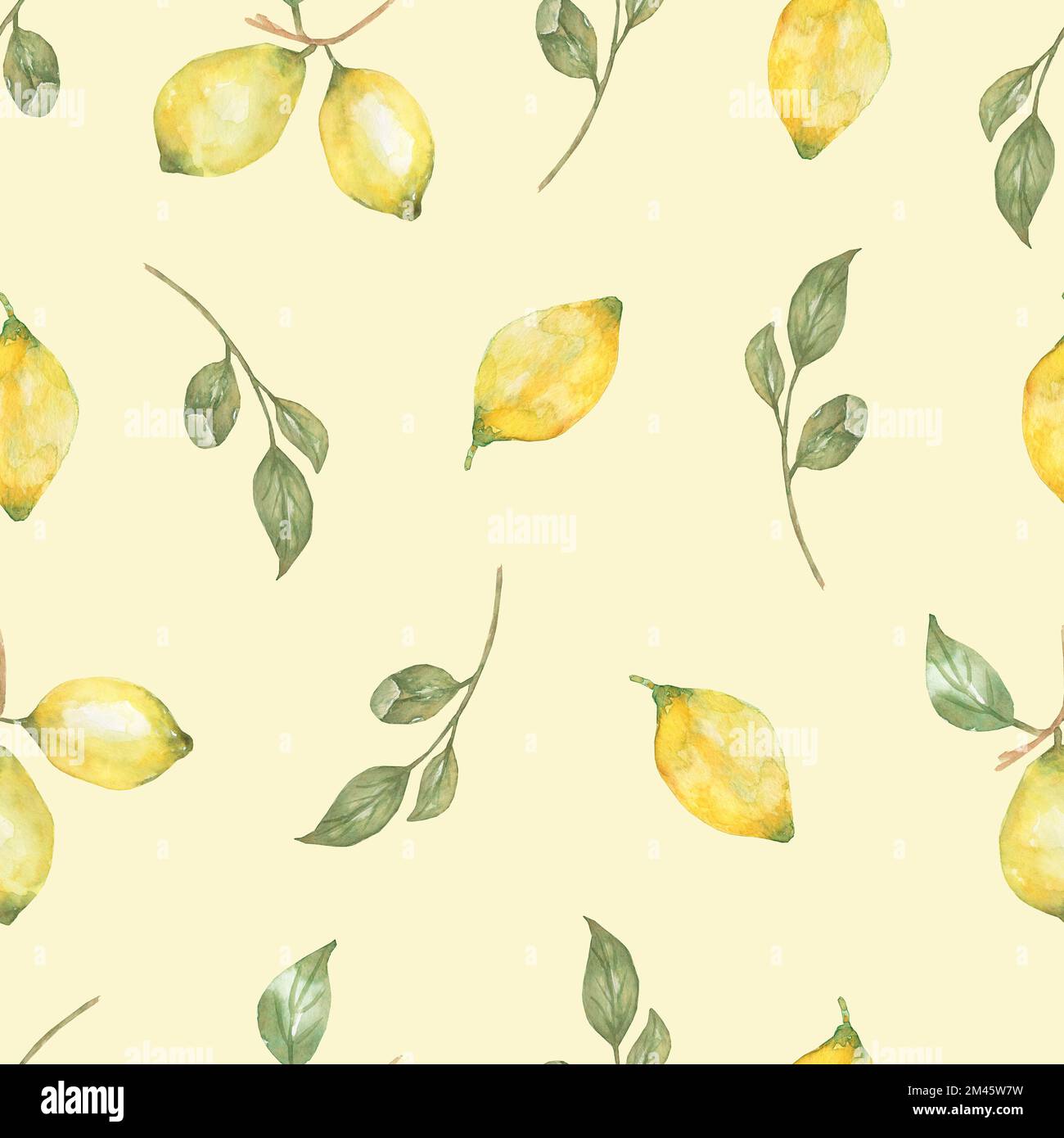 Aquarelle Zitronen Nahtloses Muster. Gelber Hintergrund für Zitrusfrüchte. Sizilien Zitrone, Blätter und Blumen. Darstellung tropischer Zitronen in neutralem Trend c Stockfoto