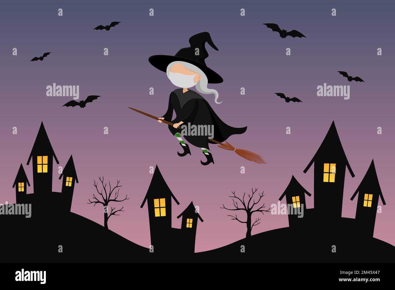 Eine Hexe in Maske, die auf dem Besen über die Stadt fliegt. Vektordarstellung. Stock Vektor