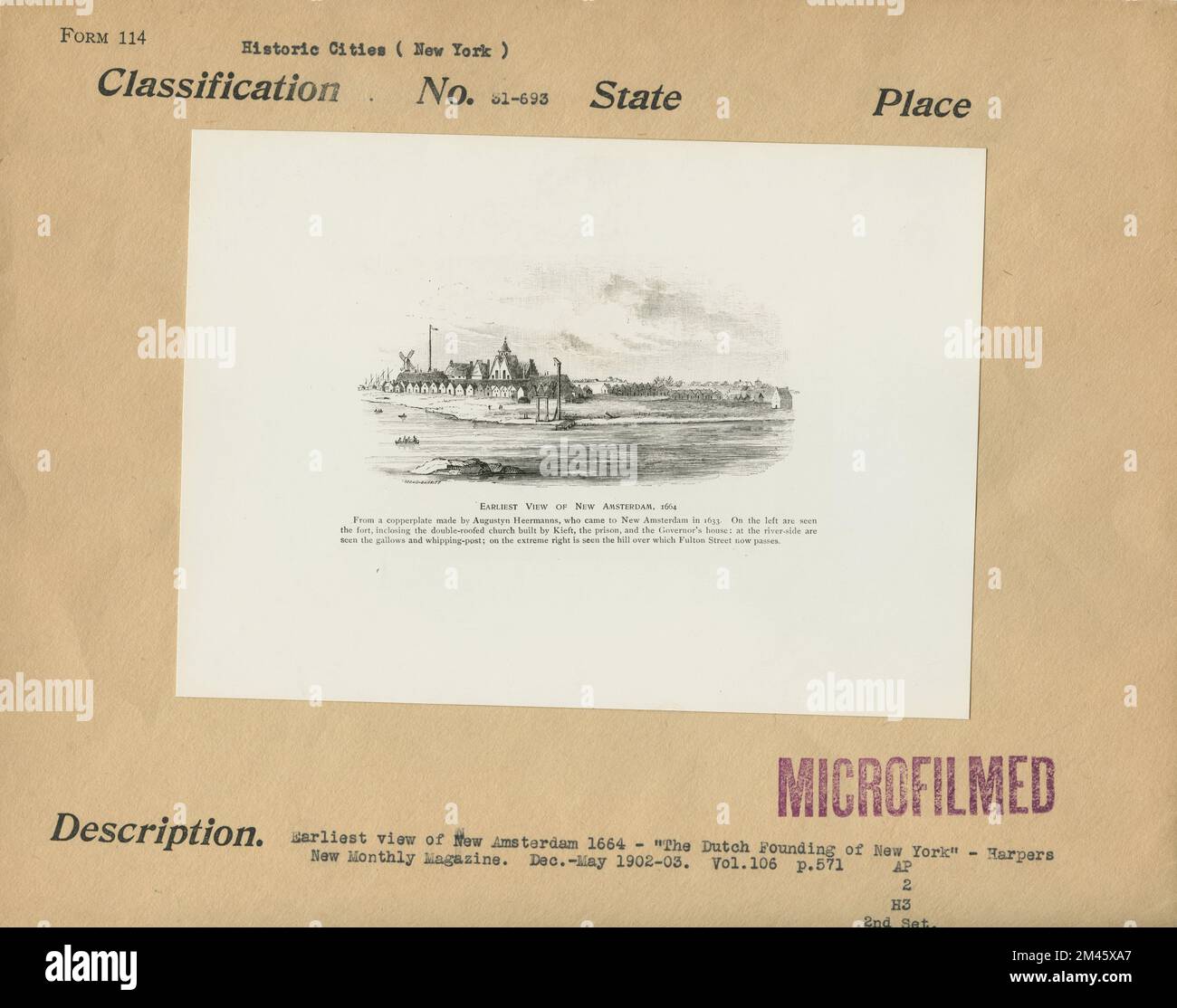 Früheste Aussicht auf New Amsterdam. Originalüberschrift: Früheste Ansicht von New Amsterday 1664. Aus einer Kupferplatte von Augustyn Heermanns, die 1633 nach Amsterdam kam. Auf der linken Seite sehen Sie das Fort, das die von Kieft erbaute Doppeldachkirche, das Gefängnis und das Haus des Gouverneurs umgibt; am Flussufer sehen Sie den Galgen und den Peitschenpfahl; Ganz rechts sehen Sie den Hügel, den Fulton Street überquert. "Die niederländische Gründung von New York" - Harpers New Monthly Magazine. Dez.-Mai 1902-03. Vol. 106, S. 571. Staat: New York Ort: New York. Stockfoto
