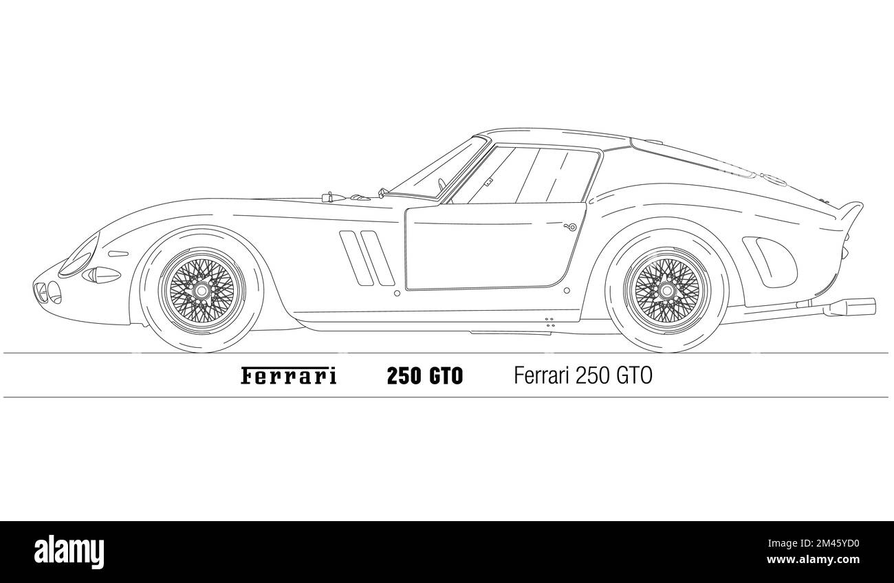 Italien, Jahr 1962, Ferrari 250 GTO historischer Sportwagen, Vintage, Illustration auf weißem Hintergrund Stockfoto