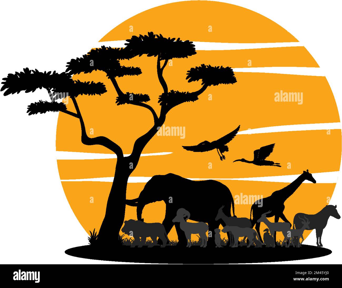 Silhouette wilder Tiere mit Darstellung des Sonnenuntergangs Stock Vektor