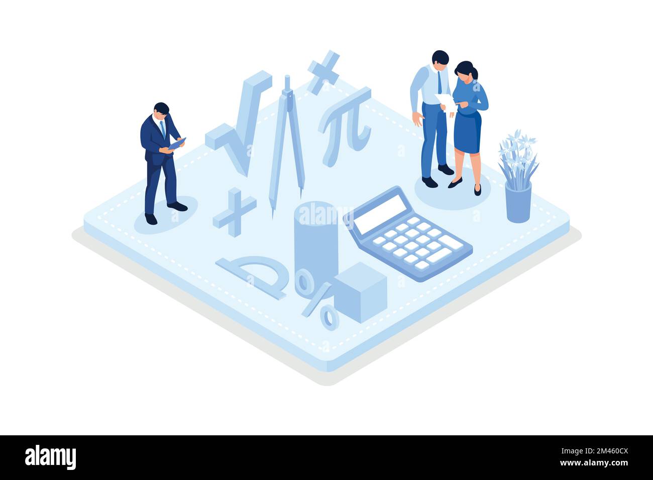 Mathematik-Wissenschaftskonzept. Kleine männliche und weibliche Schülerfiguren in der Labor- oder Schulklasse Mathematik lernen an der riesigen Tafel. Menschen Werden Erzieherisch Stock Vektor