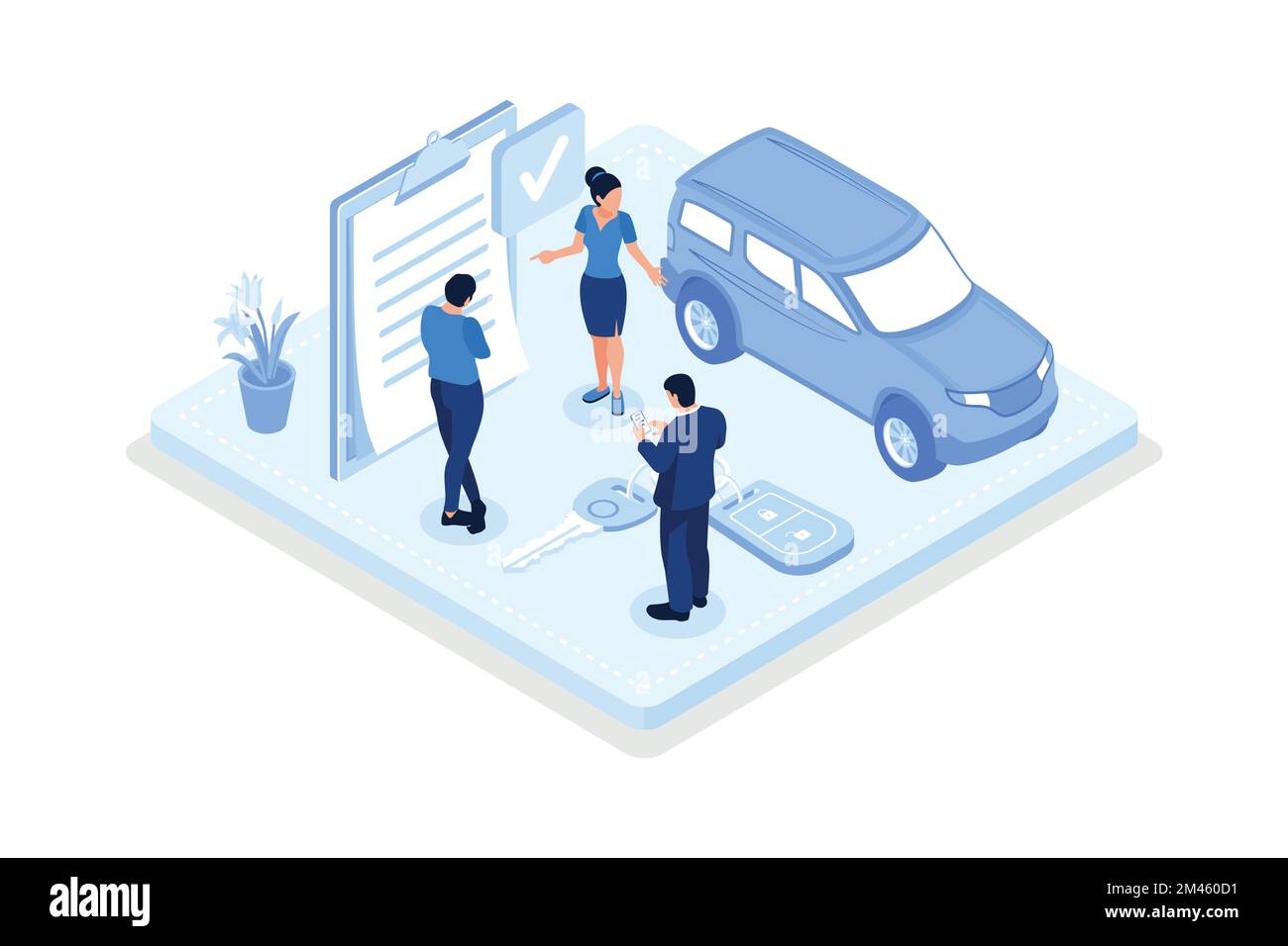 Autoversicherung, Autokauf oder Autovermietung, isometrische Vektordarstellung Stock Vektor