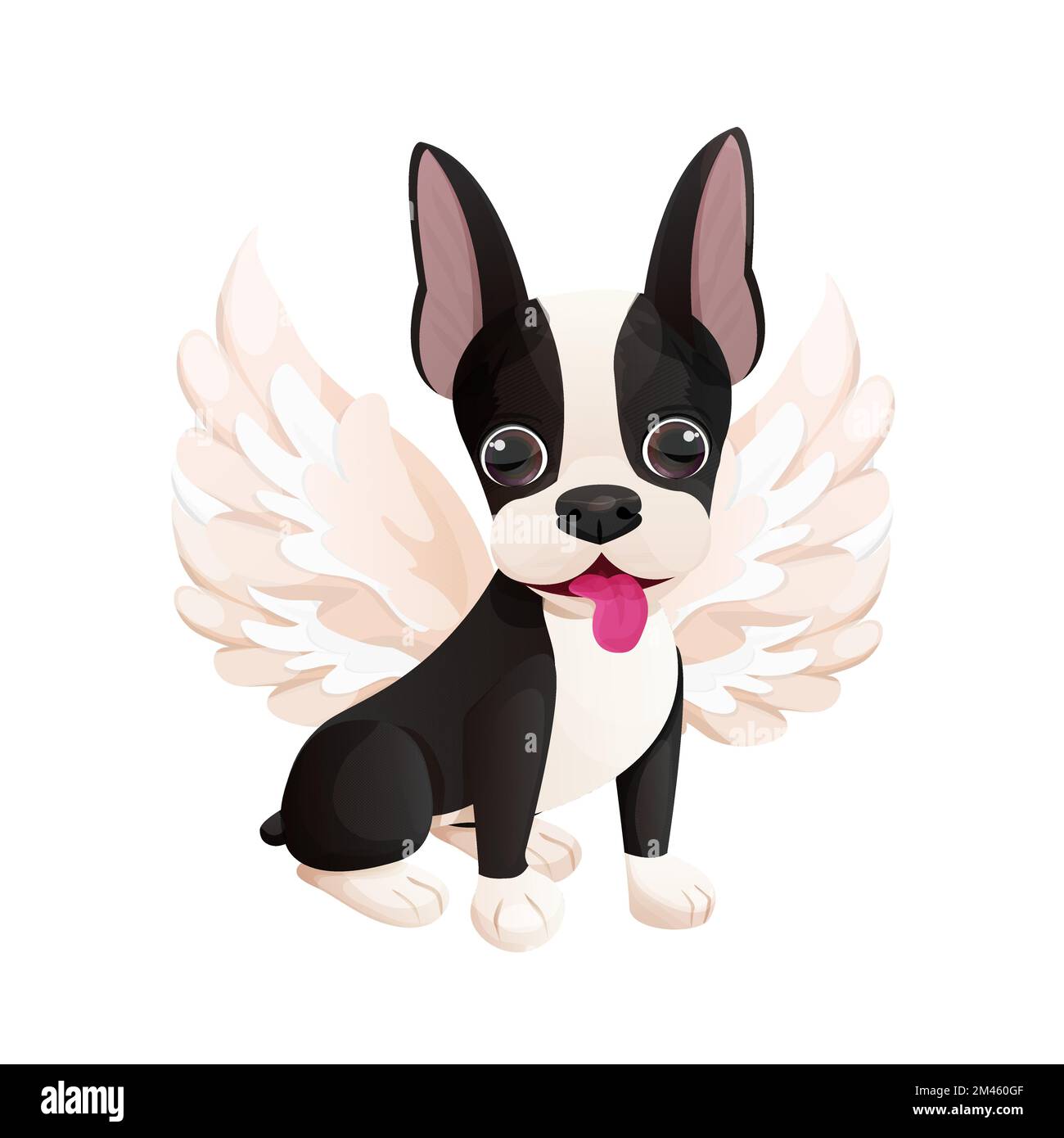 Süßes Boston Terrier cooles süßes Hündchen, das mit Engelsflügeln im Cartoon-Stil auf weißem Hintergrund sitzt. Süßer Hund, Aufdruck. Vektordarstellung Stock Vektor