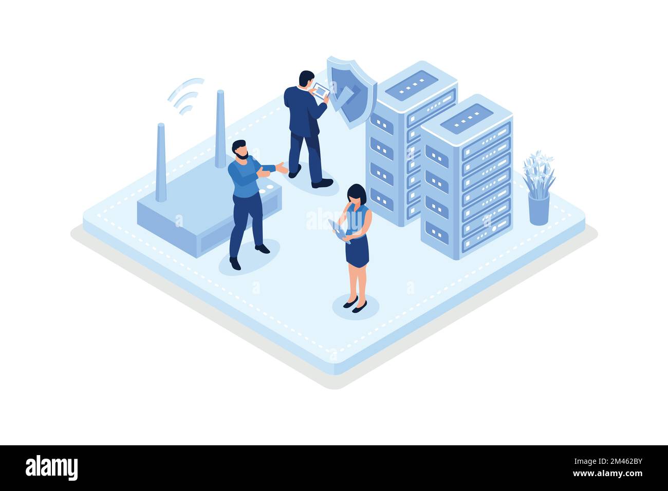 Personen, die Cyber Security Services zum Schutz personenbezogener Daten verwenden. Sicherheit bei Online-Zahlungen, freigegebene Cloud-Dokumente, Serversicherheit und Datensicherheit Stock Vektor