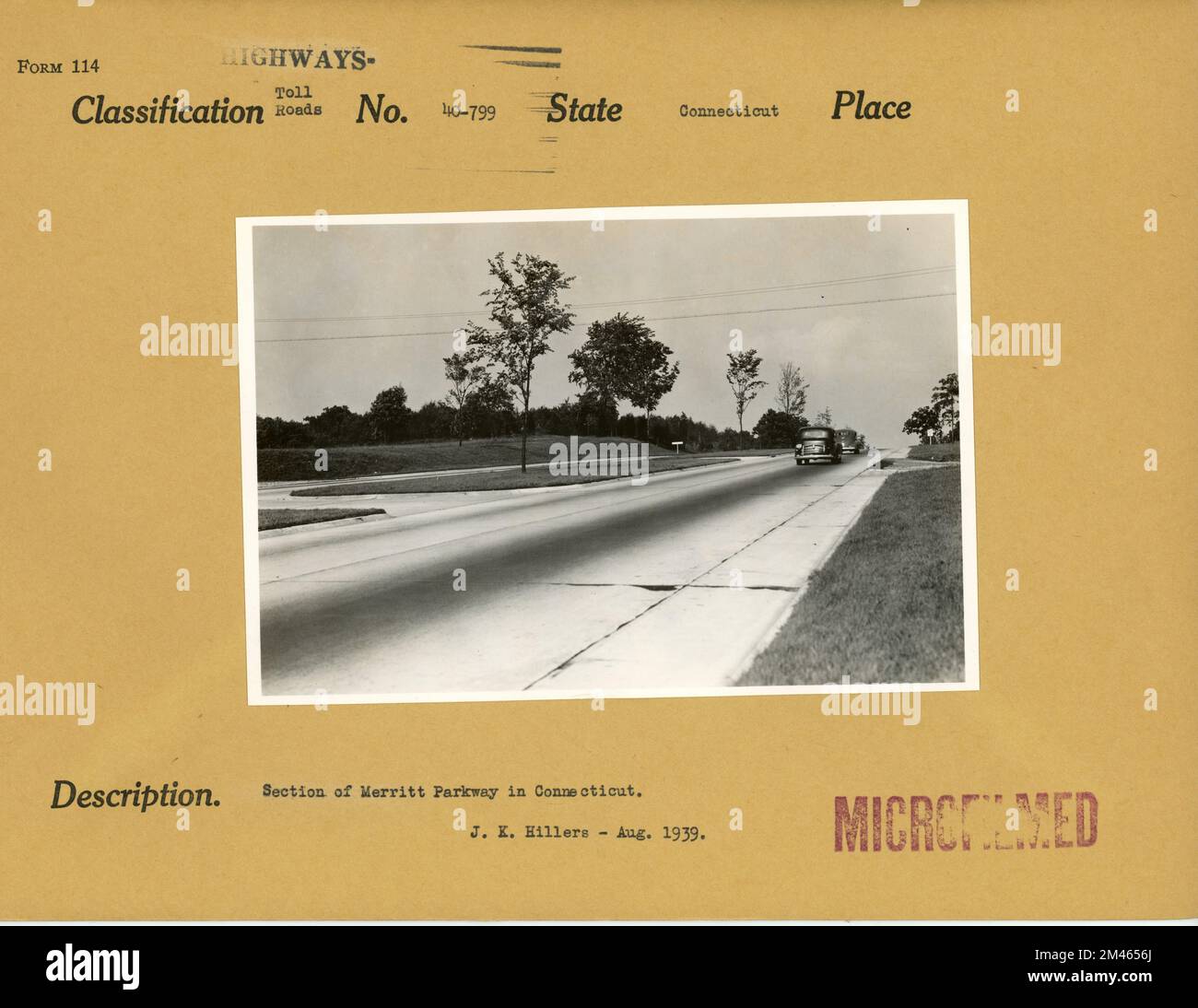 Abschnitt des Merritt Parkway in Connecticut. Originalüberschrift: Abschnitt des Merritt Parkway in Connecticut. Foto: J. K. Hillers. August 1939. Bundesstaat Connecticut. Stockfoto