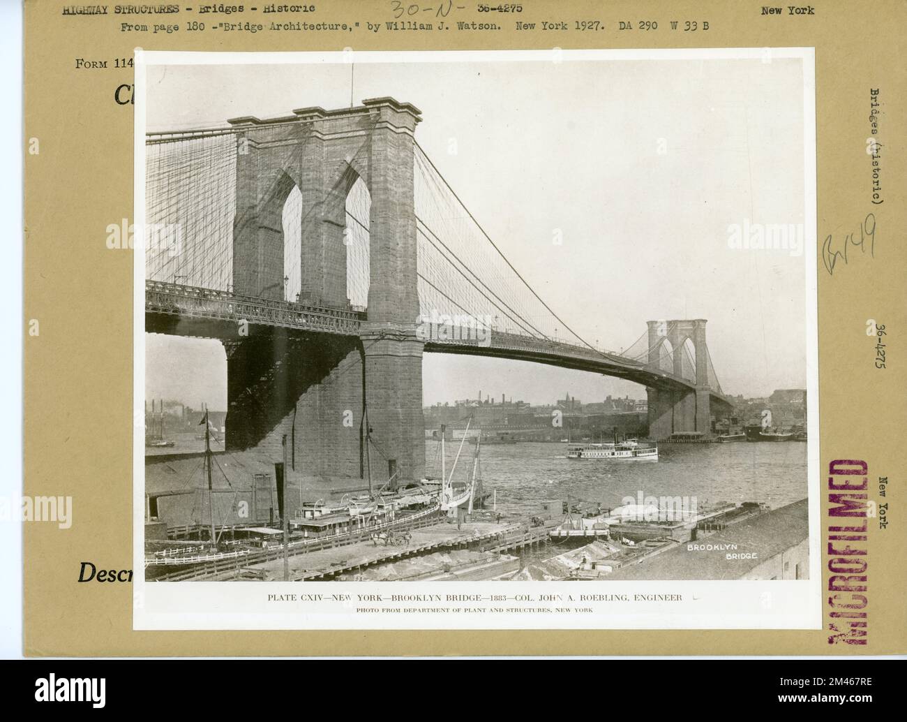 Brooklyn Bridge, New York. ORIGINALUNTERSCHRIFT: CXIV-NEW YORK-BROOKLYN BRIDGE-1883-COL. JOHN A. ROEBLING, INGENIEUR. Foto vom Department of Plant and Structures, New York. Ab Seite 180 - "Bridge Architecture" von William J. Watson. New York 1927. Bundesstaat New York. Ort: New York. Stockfoto