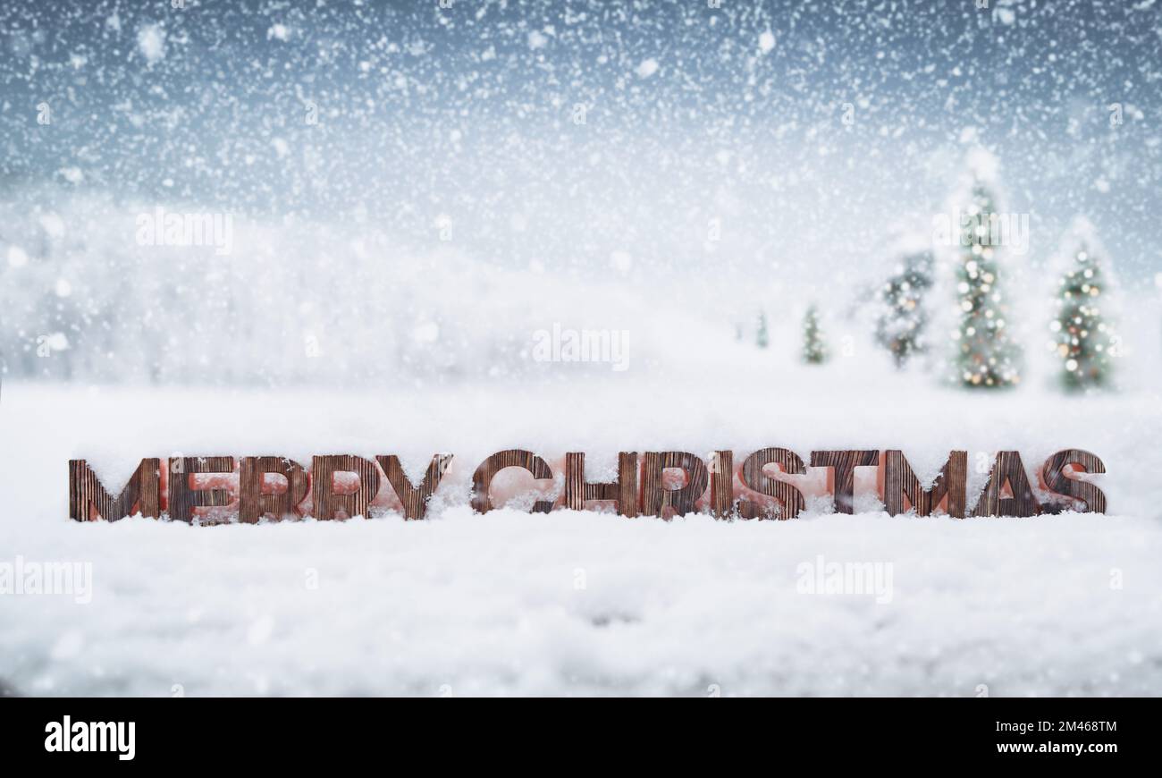Glitzernder Weihnachtsbaum, schneebedeckte Berge und Felder und schneebedeckte Baummuster Frohe Weihnachten Stockfoto