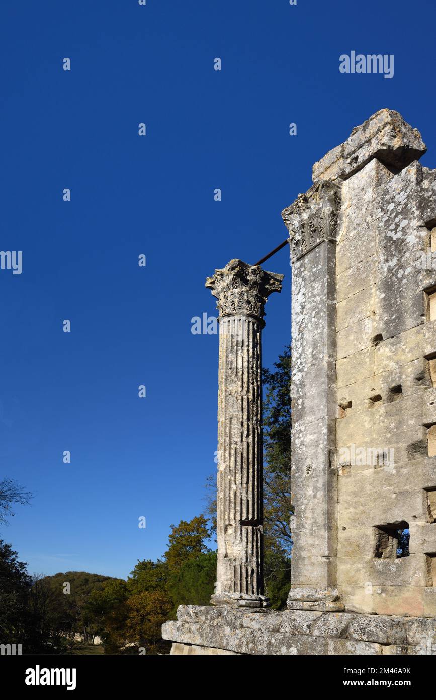 Römischer Tempel von Château-Bas & klassische gerillte Säule (erbaut c1. v. Chr.) Vernègues Provence Frankreich Stockfoto