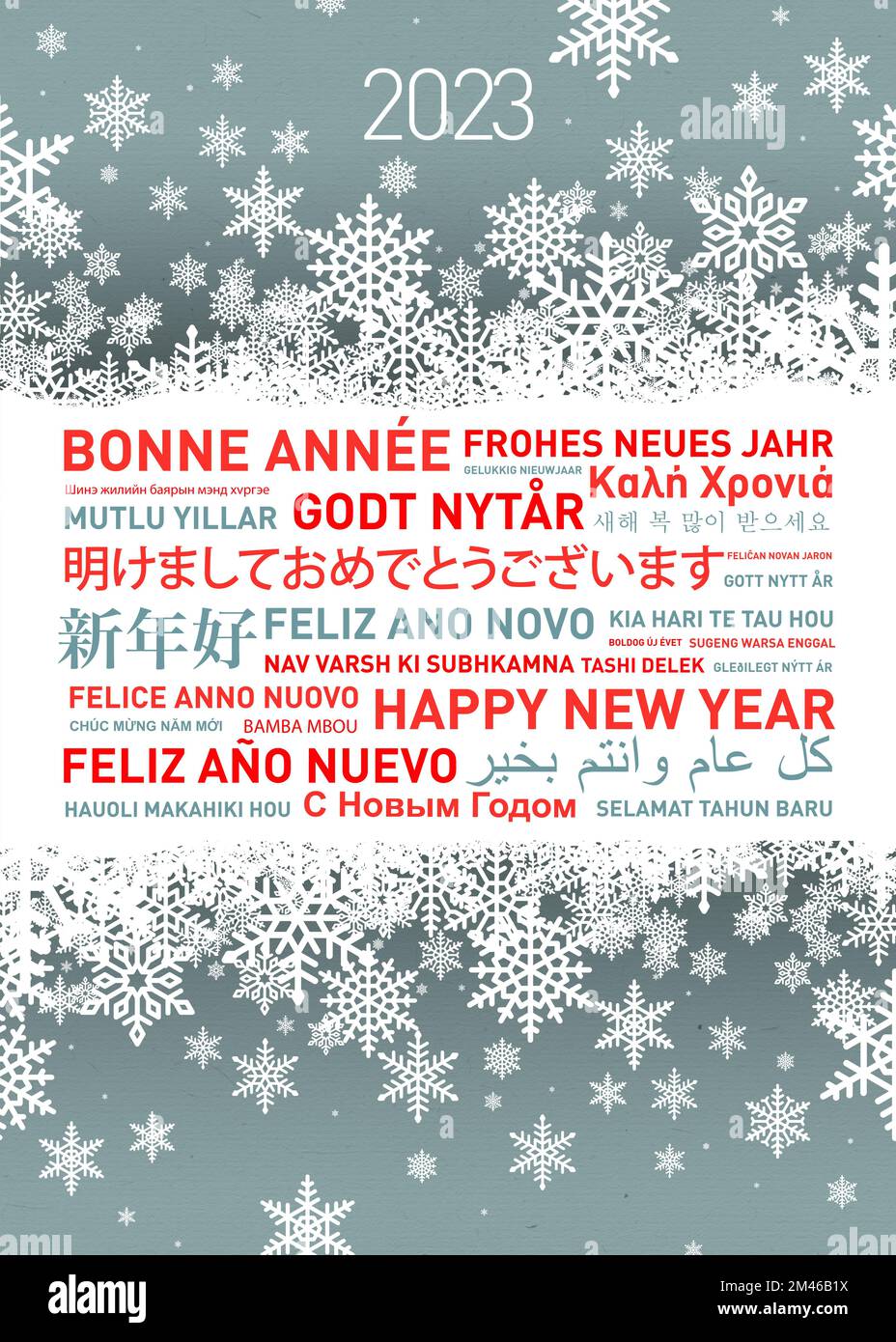 Frohes neues Jahr Grußkarte in verschiedenen Weltsprachen. 2023 Stockfoto