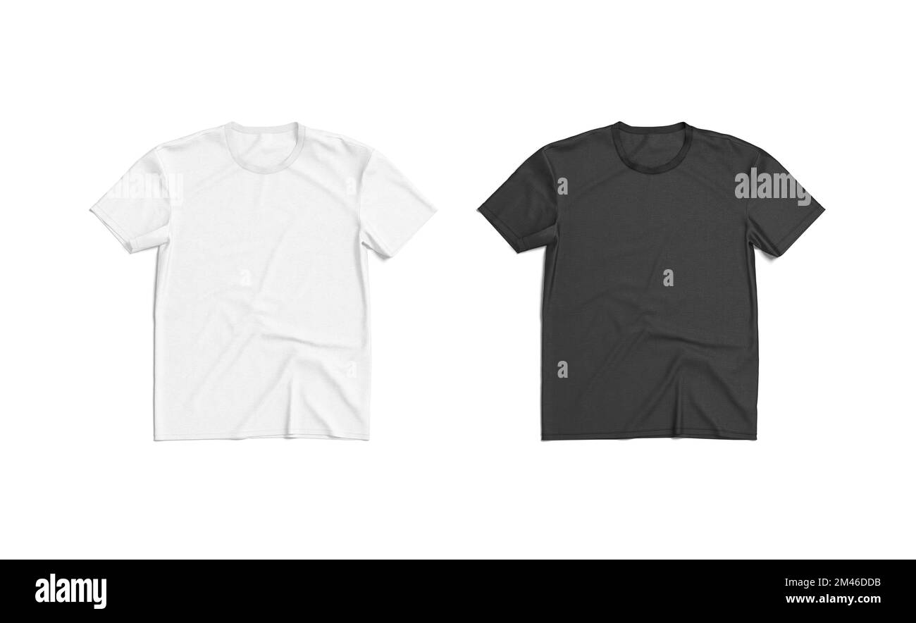 Schwarz-weißes T-Shirt-Modell flach liegend, Draufsicht, 3D-Rendering. Leeres Textil-Falten-T-Shirt-Modell, isoliert. Klar, männlich oder weiblich Stockfoto