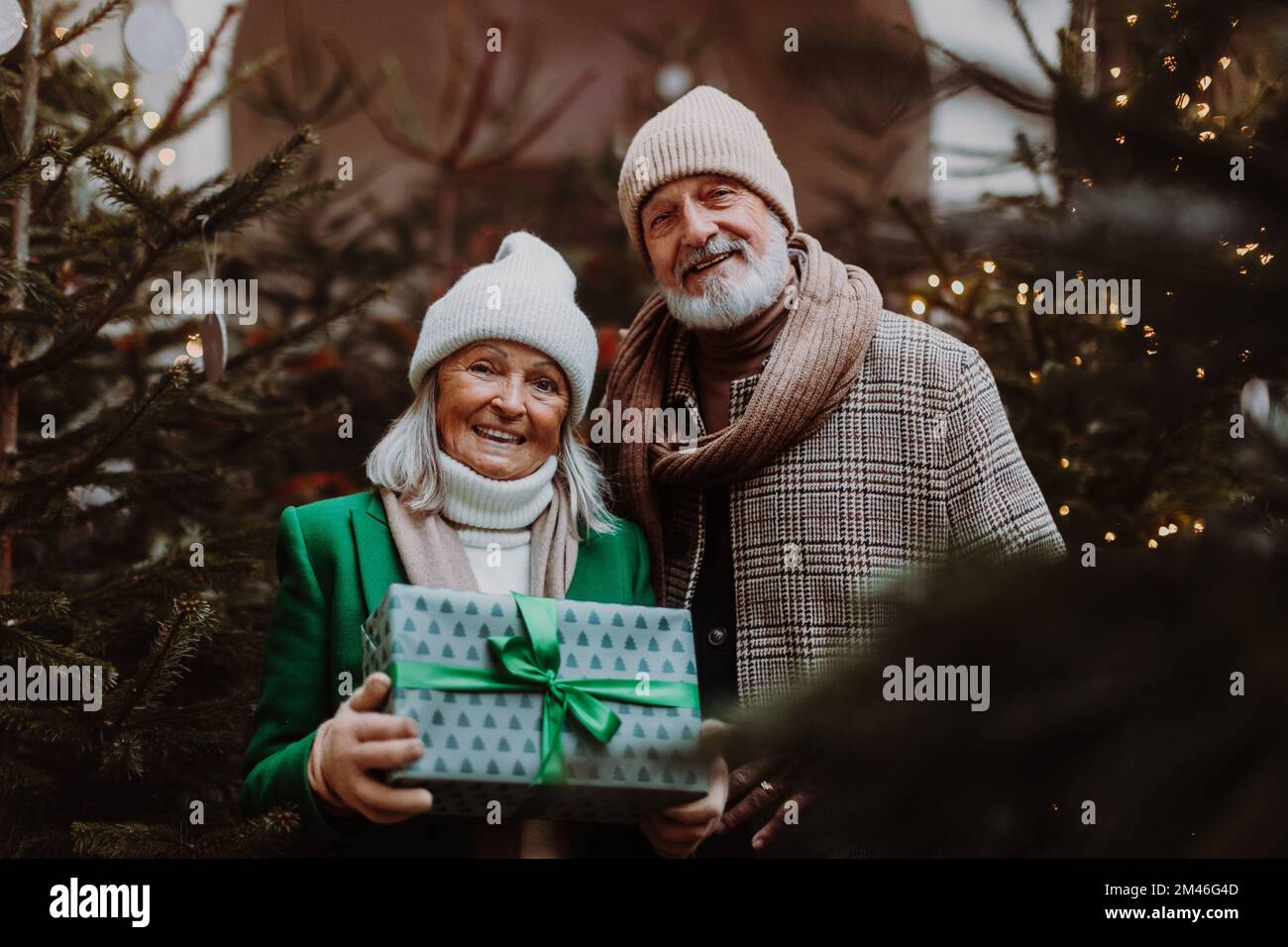 Glückliches Seniorenpaar, das den weihnachtsmarkt genießt, Geschenke und weihnachtsbaum kauft. Stockfoto