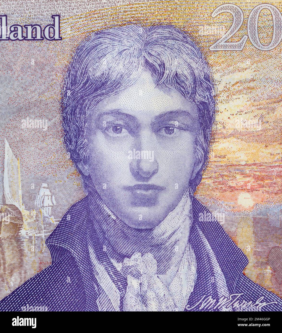 Joseph Mallord William Turner Porträt von der englischen 20 Pfund Sterling Banknote Stockfoto