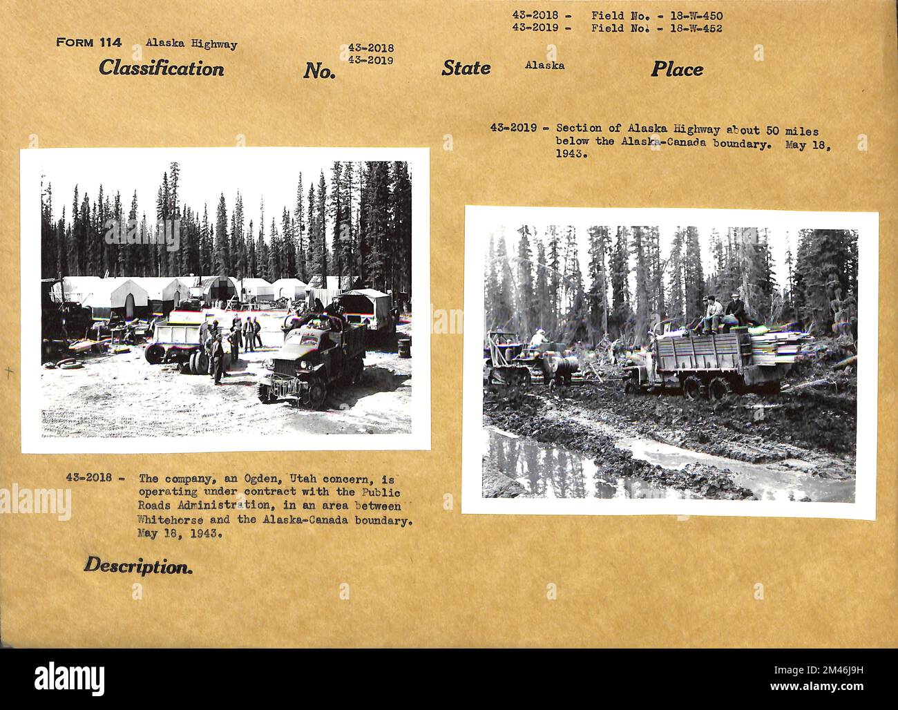 Whitehorse. Ursprünglicher Titel: 43-2018 das Unternehmen, ein Unternehmen in Ogden, Utah, arbeitet unter Vertrag mit der Public Roads Administration in einem Gebiet zwischen Whitehorse und der Grenze zwischen Alaska und Kanada. Originalunterschrift: 43-2019 Abschnitt des Alaska Highway etwa 50 Meilen unterhalb des Alaska-Kanada Boundaqry. Staat: Alaska. Stockfoto