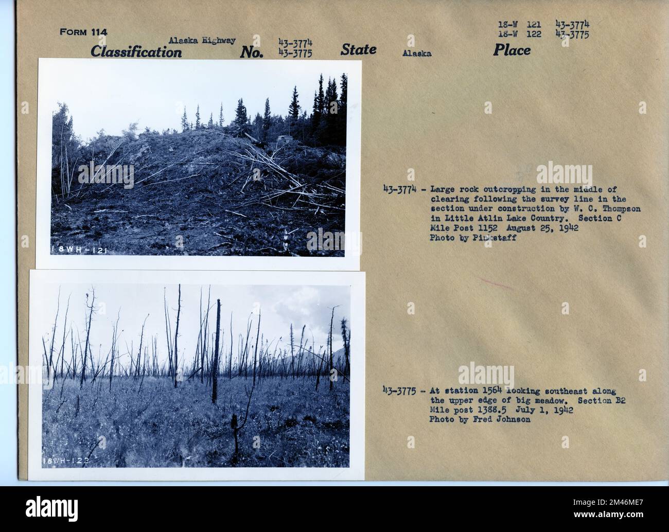 Little Atlin Lake Country und Meadow, Station 1564. Originalüberschrift: 43-3774: Große Felsabschnitte in der Mitte der Rodung entlang der Vermessungslinie in dem von W.C. im Bau befindlichen Abschnitt Thompson im Little Atlin Lake Country. Abschnitt C Meile Post 1152. 25. August 1942. Foto von Pinkstaff. Originalunterschrift: 43-3775: An Station 1564 südöstlich entlang der Oberkante der großen Wiese. Abschnitt B2 Meile nach 1388,5. 1. Juli 1942. Foto von Fred Johnson. Staat: Alaska. Stockfoto