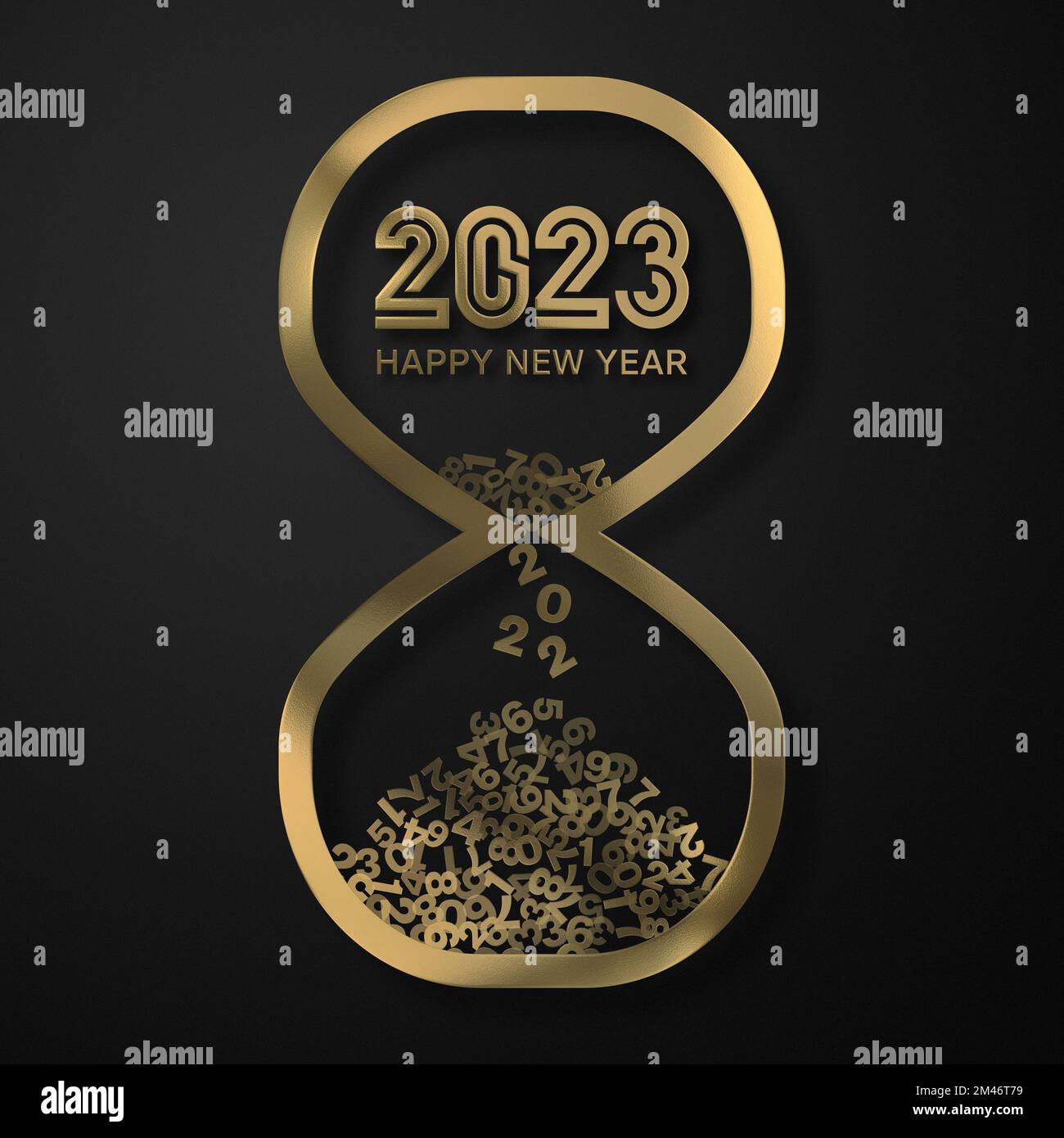 Neujahrszähler 2023. Sanduhr zeigt die letzten Sekunden des Jahres 2022 an. Auf Wiedersehen 2022 Hallo 2023 Stockfoto