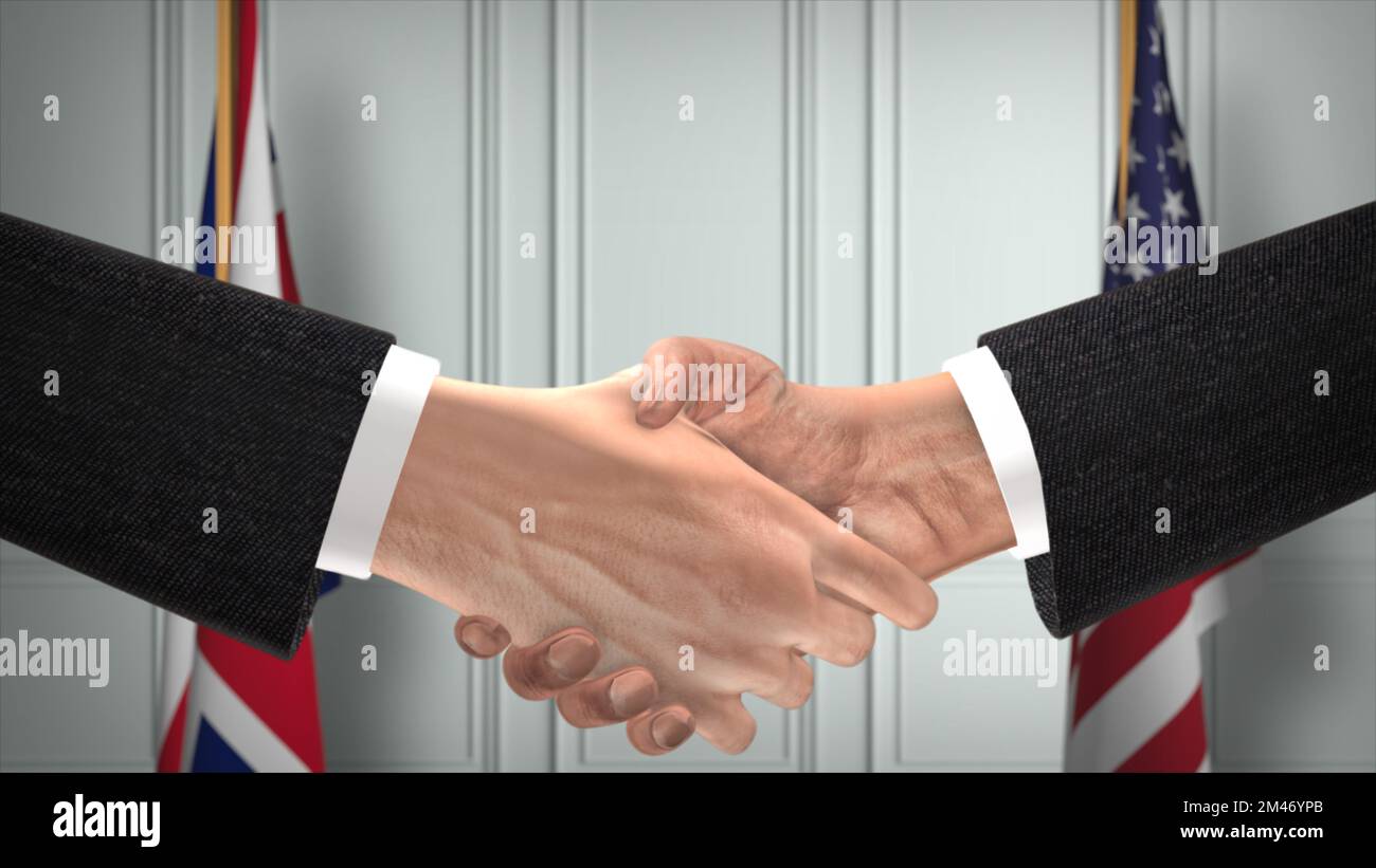 UK United Kingdom and USA Partnership Business Deal. Flaggen Der Nationalen Regierung. Offizielle Diplomatie Handshake 3D Illustration. Geschäftsmann Für Die Vereinbarung Sh Stockfoto