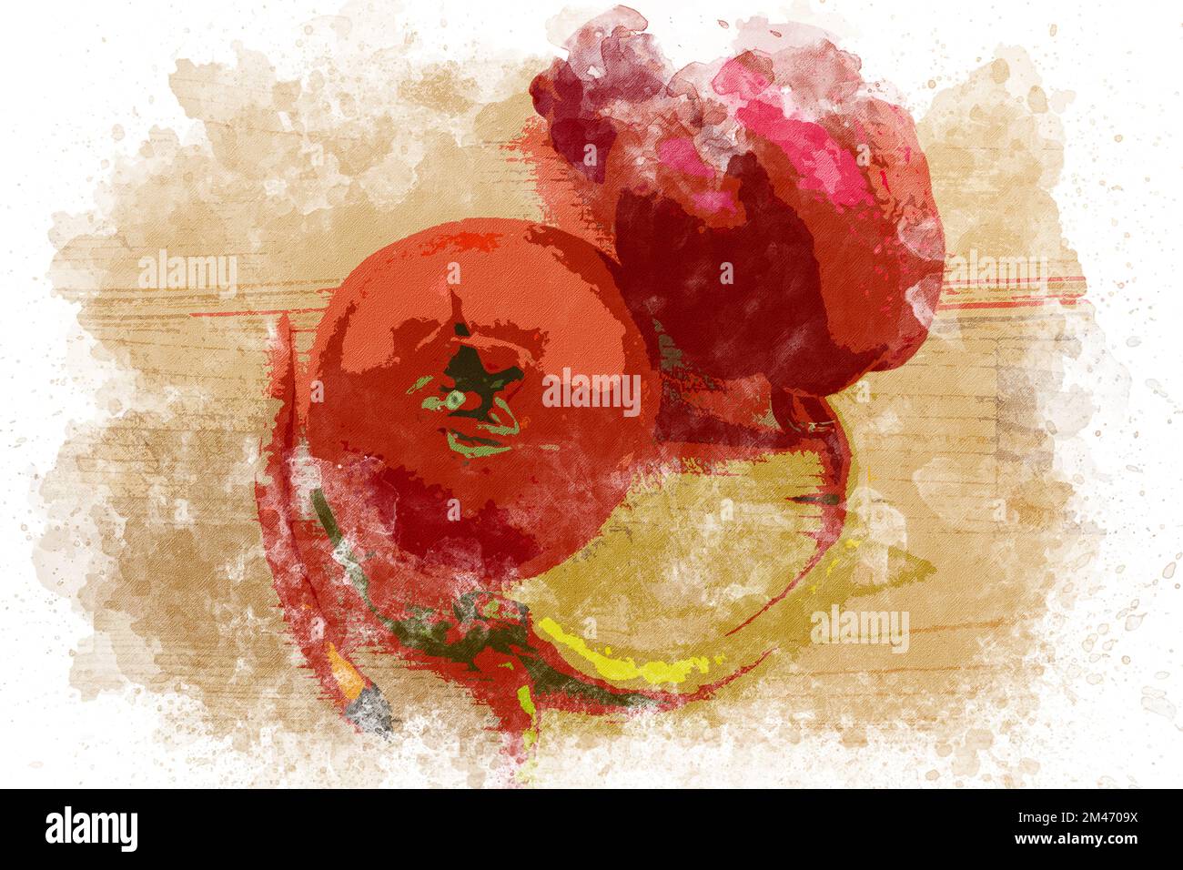 Aquarellgemälde von rotem Gemüse, Draufsicht. Aquarellmalerei mit rotem Pfeffer, Tomaten und Chili-Pfeffer. Stockfoto