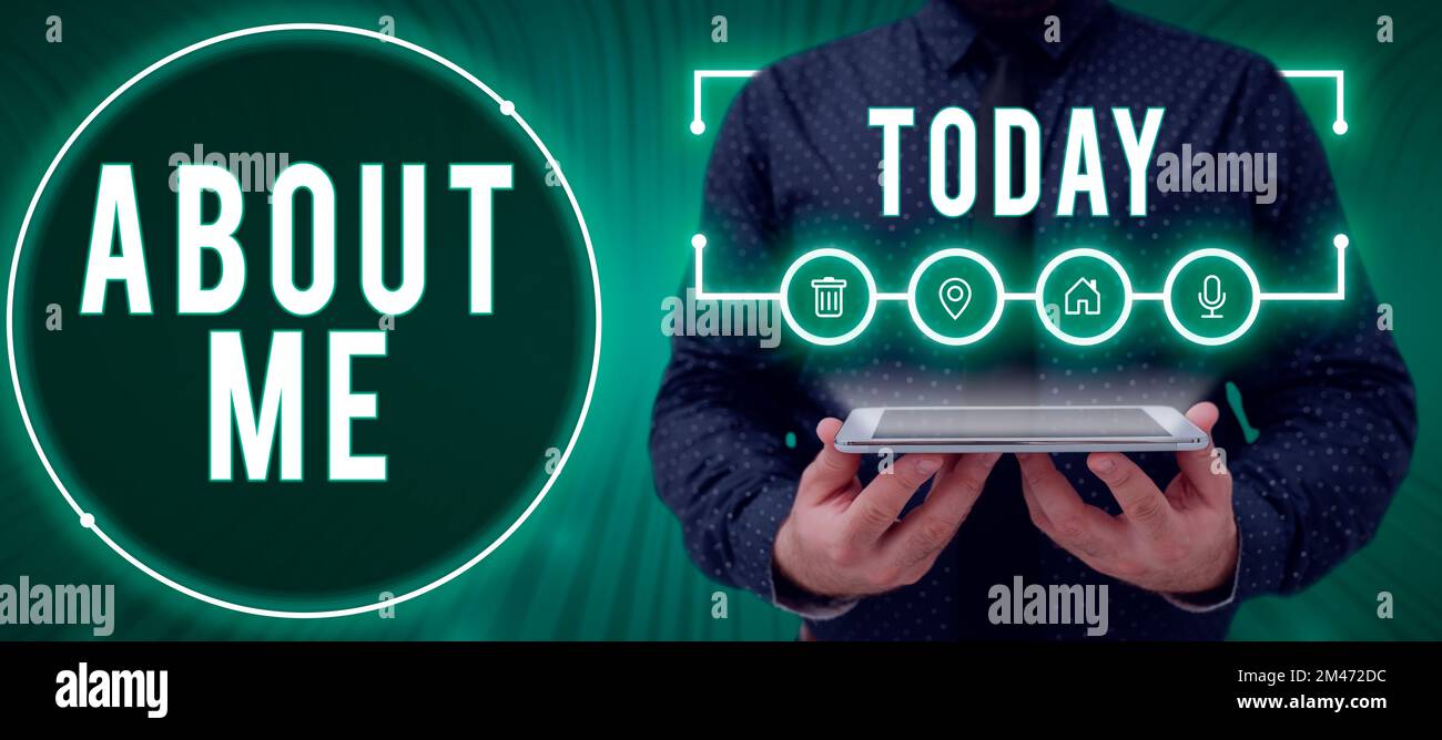 Textbeschriftung mit „über mich“. Konzeptfoto Meine persönlichen Eigenschaften Informationen „Gefällt mir“ und „Abneigung“ Stockfoto