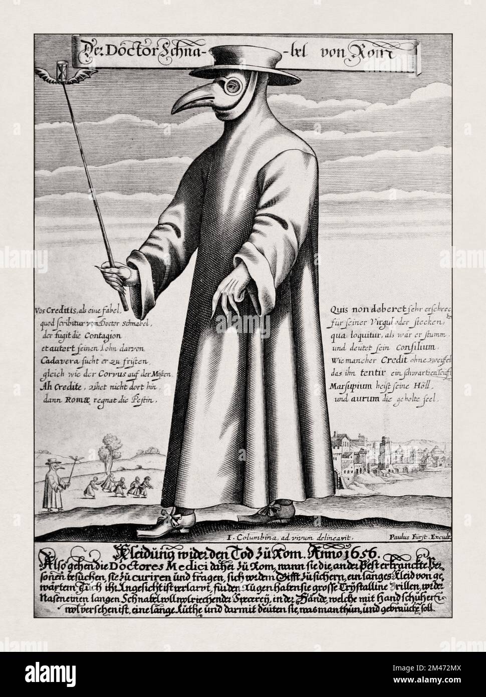 Illustration des 17. Jahrhunderts durch Paul Fürst von einem Pestarzt in Rom, mit einem satirischen makaronischen Gedicht. Stockfoto