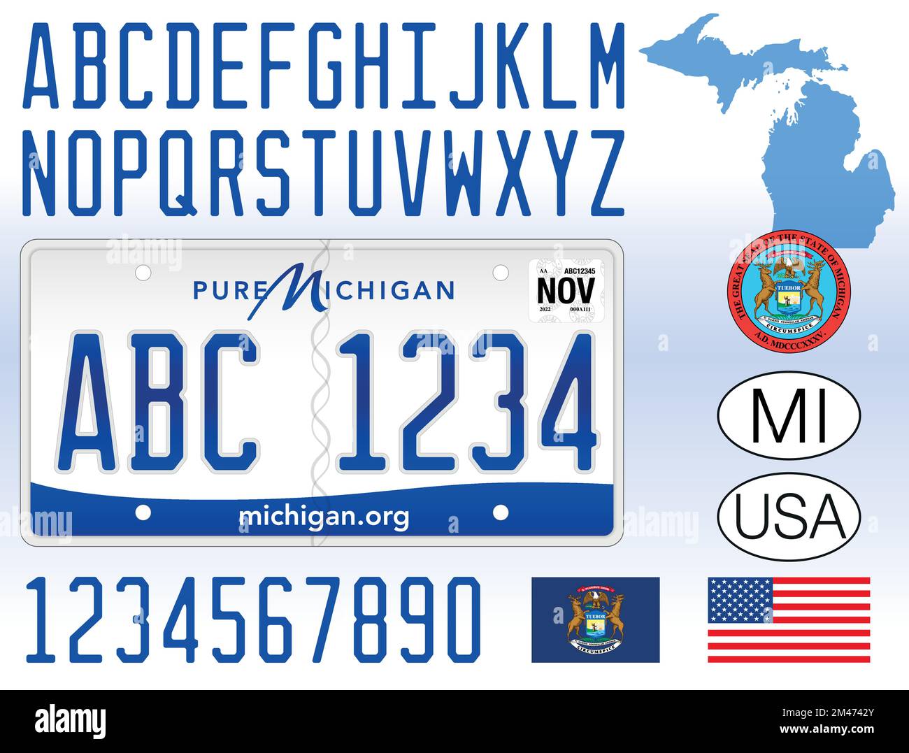 Nummernschild des Autos in Michigan, USA, Buchstaben, Zahlen und Symbole Vektordarstellung Stock Vektor