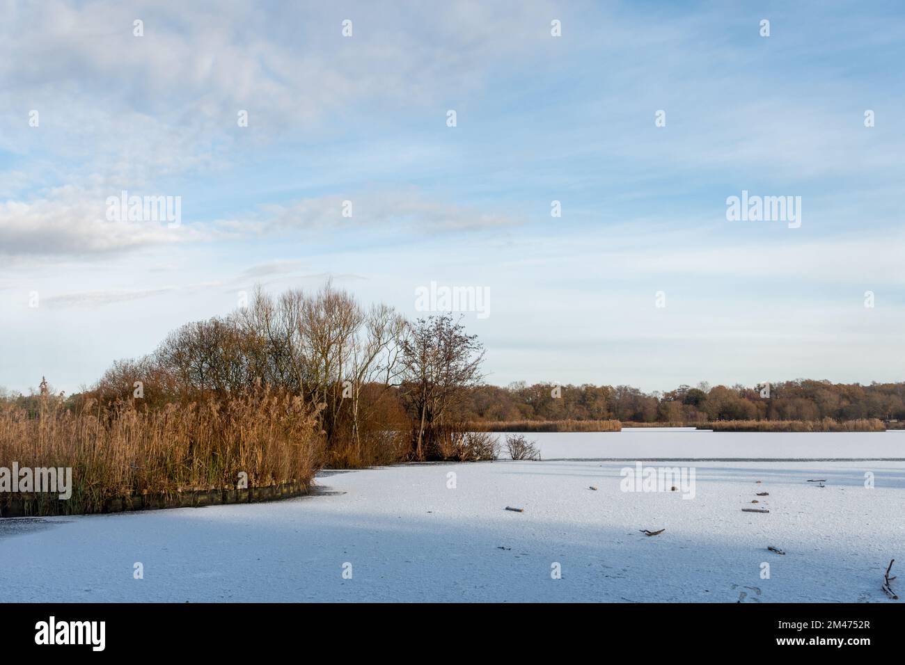 Blick auf den gefrorenen Fleet Pond in Hampshire, England, Großbritannien, im Winter während des kalten Snaps im Dezember 2022 Stockfoto