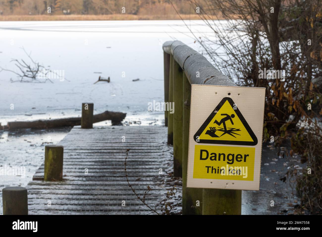 Warnschilder „Gefahr dünnes Eis“ neben einem gefrorenen See, Fleet Pond, Hampshire, England, Großbritannien Stockfoto