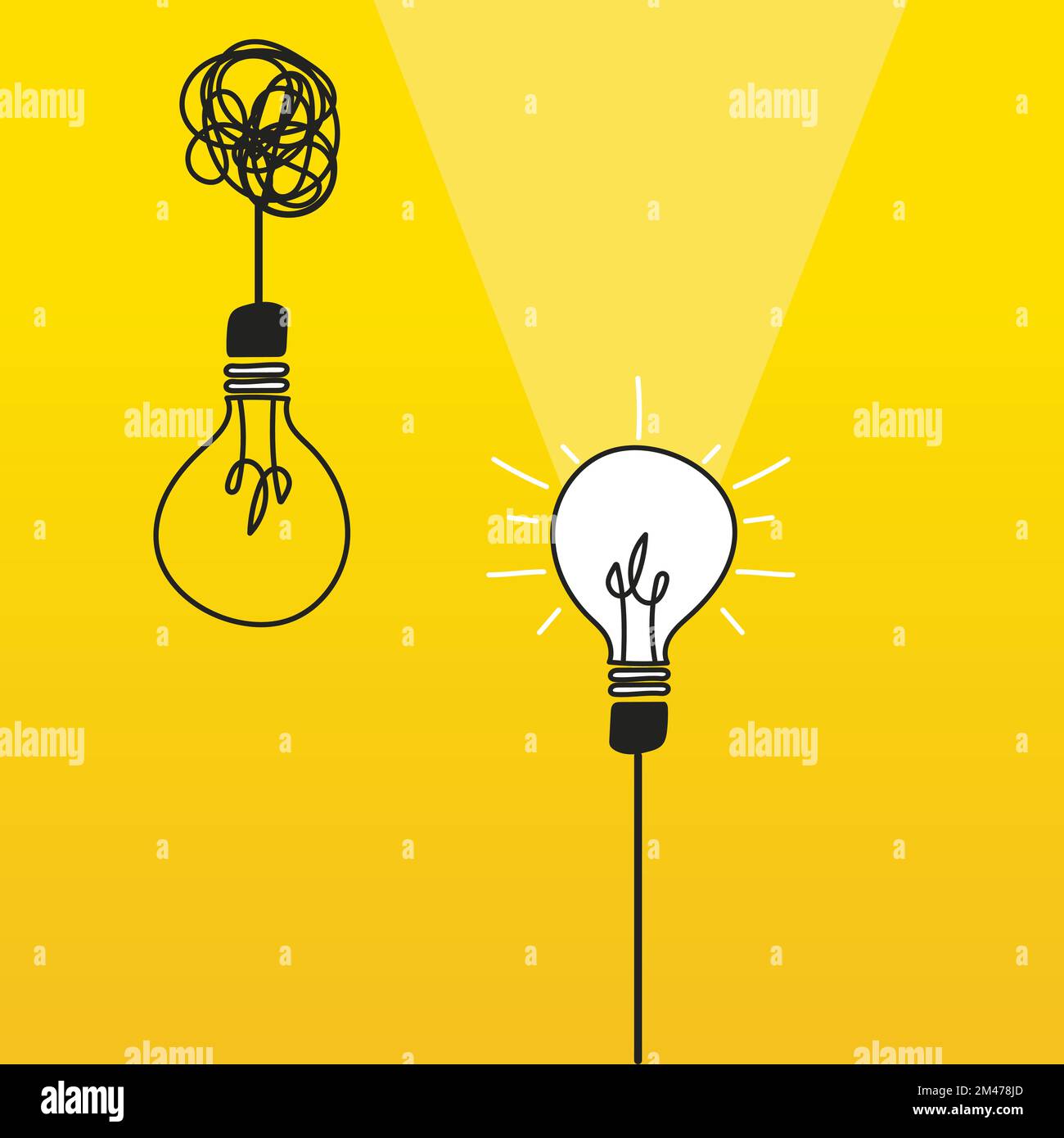 Konzept des Brainstormings und innovativer Ideen. Glühbirnen auf gelbem Hintergrund, kreativer Prozess. Führung und Unternehmergeist Stock Vektor
