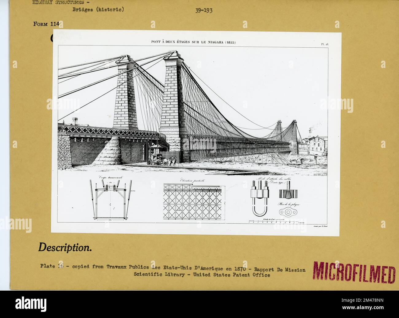 Doppeldeckbrücke über die Niagara. Originaltitel: Platte 16 - kopiert von Travaux Publics des Etats-Unis D'Amerique en 1870. Rapport De Mission Scientific Library – United States Patent Office. Stockfoto