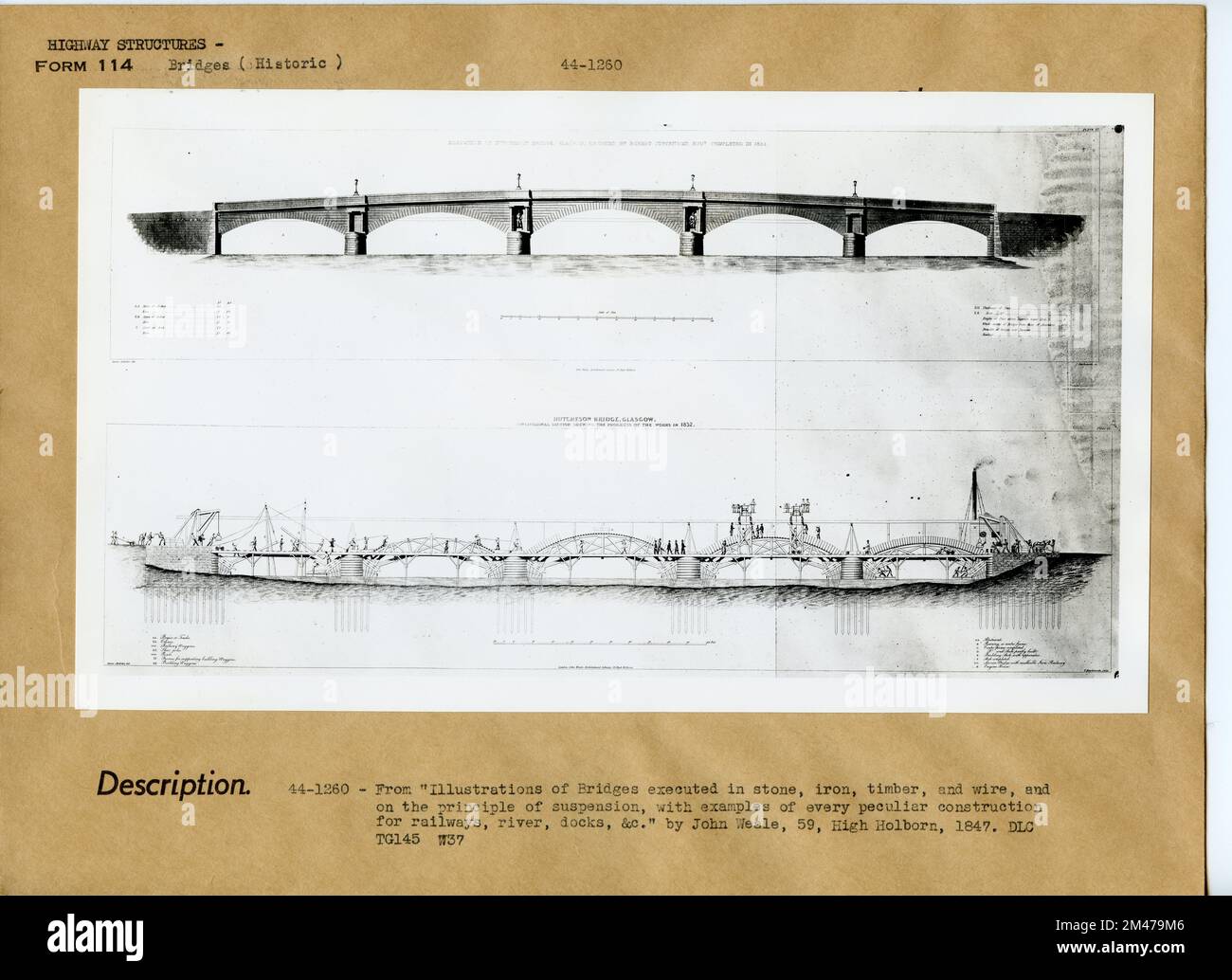 Höhe der Hutcheson Bridge, Glasgow, entworfen von Robert Stevenson. Originalüberschrift: Aus „Illustrationen von Brücken aus Stein, Eisen, Holz und Draht und nach dem Prinzip der Aufhängung, mit Beispielen für jede eigenartige Konstruktion für Eisenbahn, Fluss, Docks, &c.“ Von John Weale, 59, High Holborn, 1847. Stockfoto