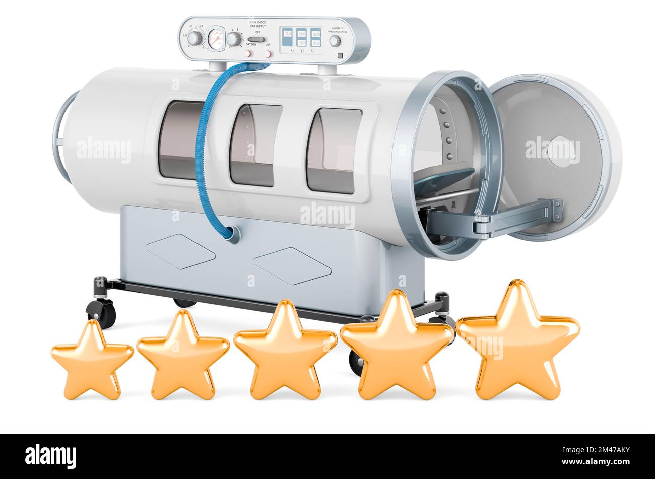 Überdruckkammer mit fünf goldenen Sternen. 3D-Rendering auf weißem Hintergrund isoliert Stockfoto