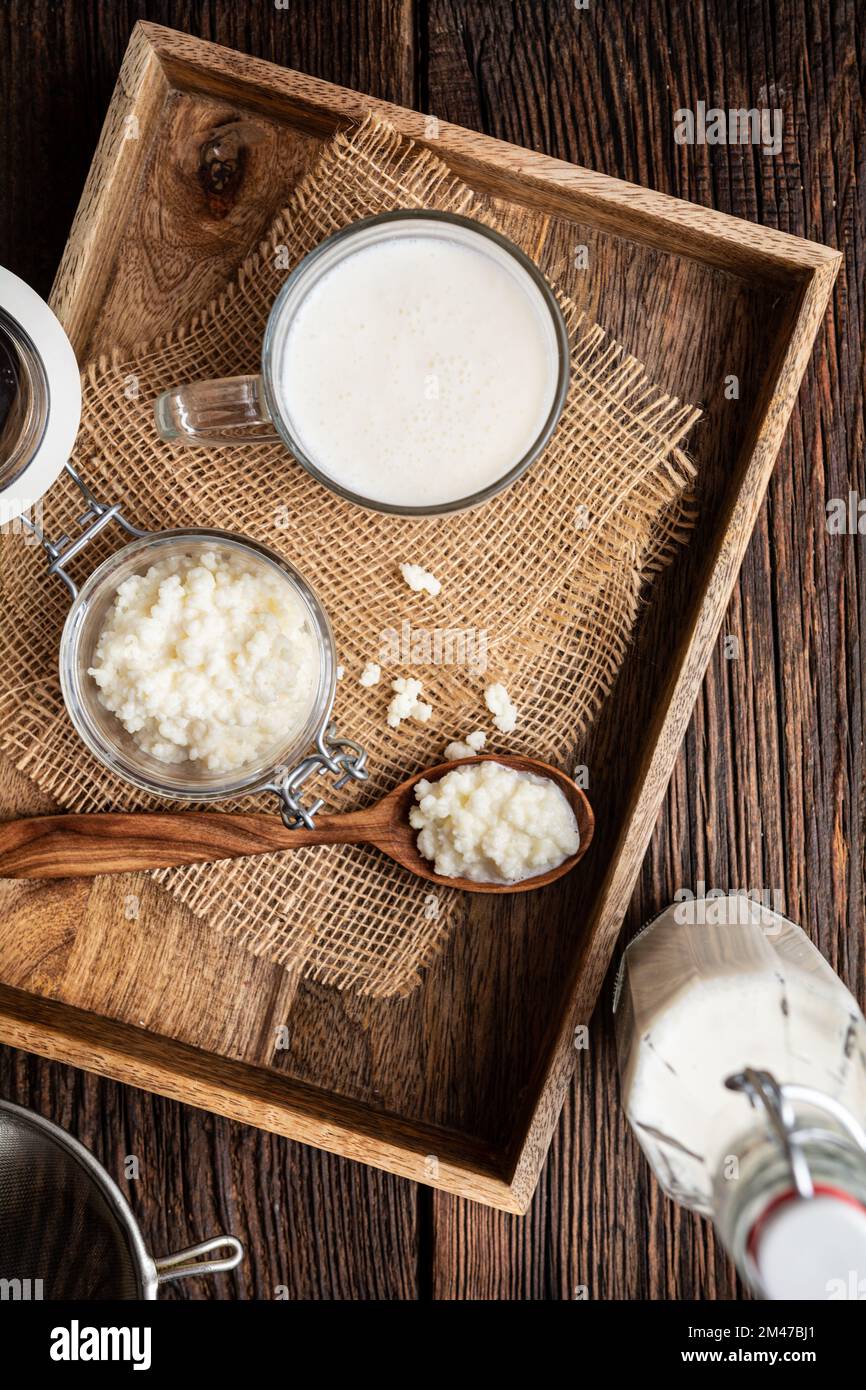 Kefir, gesundes probiotisches Getränk mit Milch-Kefir-Körnern auf Holzhintergrund Stockfoto