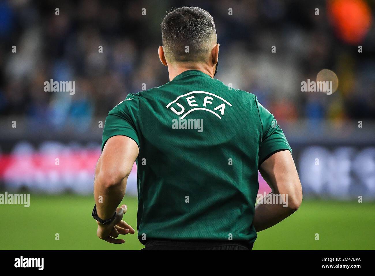 Abbildung des offiziellen UEFA-Logos auf einem Trikot während des Fußballspiels der UEFA Champions League, Gruppe B zwischen dem Club Brügge und Atletico Madrid am 4. Oktober 2022 im Jan Breydelstadion in Brügge, Belgien – Photo Matthieu Mirville/DPPI Stockfoto