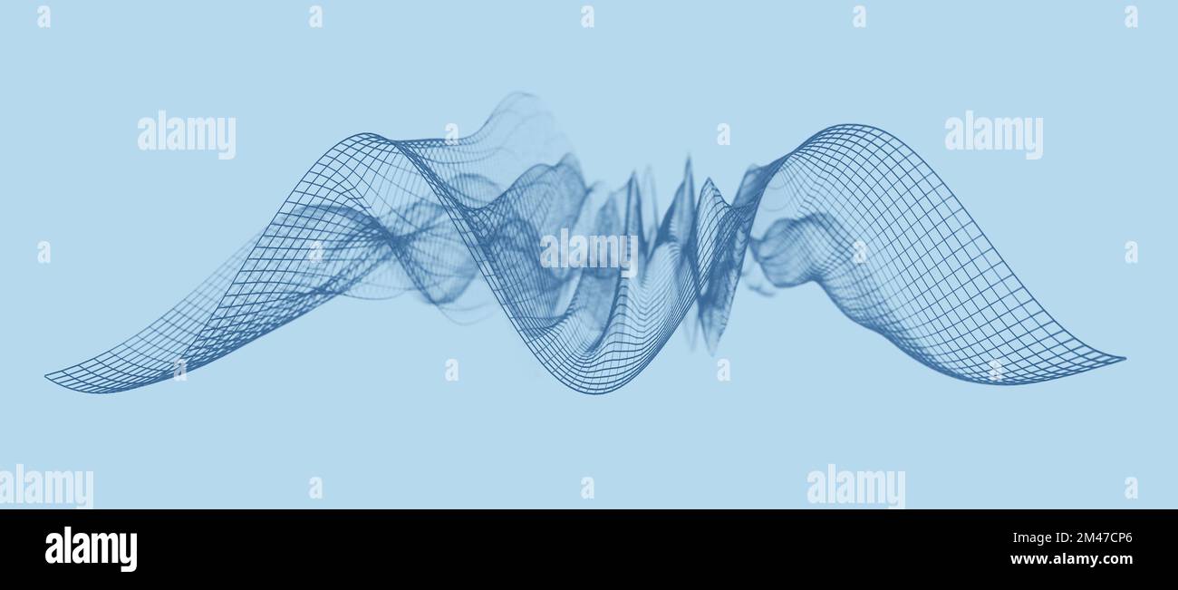 Abstrakte dunkle Drahtmodell-Schallwellen, Visualisierung von Frequenzsignalen Audiowellenlängen, futuristische Technologie Signalform blauer Hintergrund Rendering wi Stockfoto