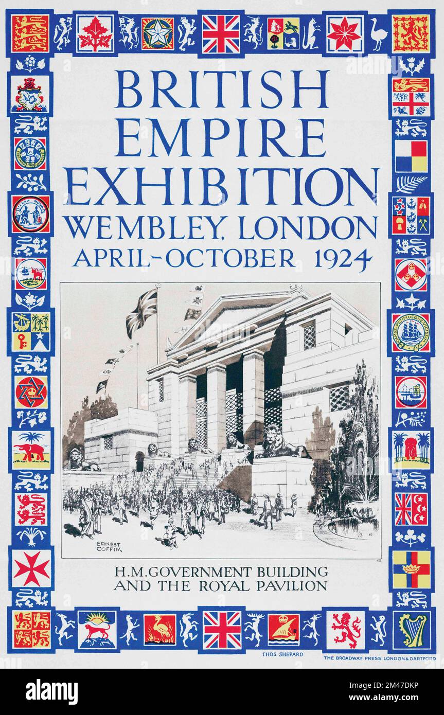 Eines aus einer Reihe von Postern für die British Empire Exhibition, Wembley, London, April-Oktober 1924. Es umfasst das Regierungsgebäude und den königlichen Pavillon. 27 Millionen Besucher besuchten die Ausstellung. Nach einer Arbeit von Ernest Coffin. Stockfoto