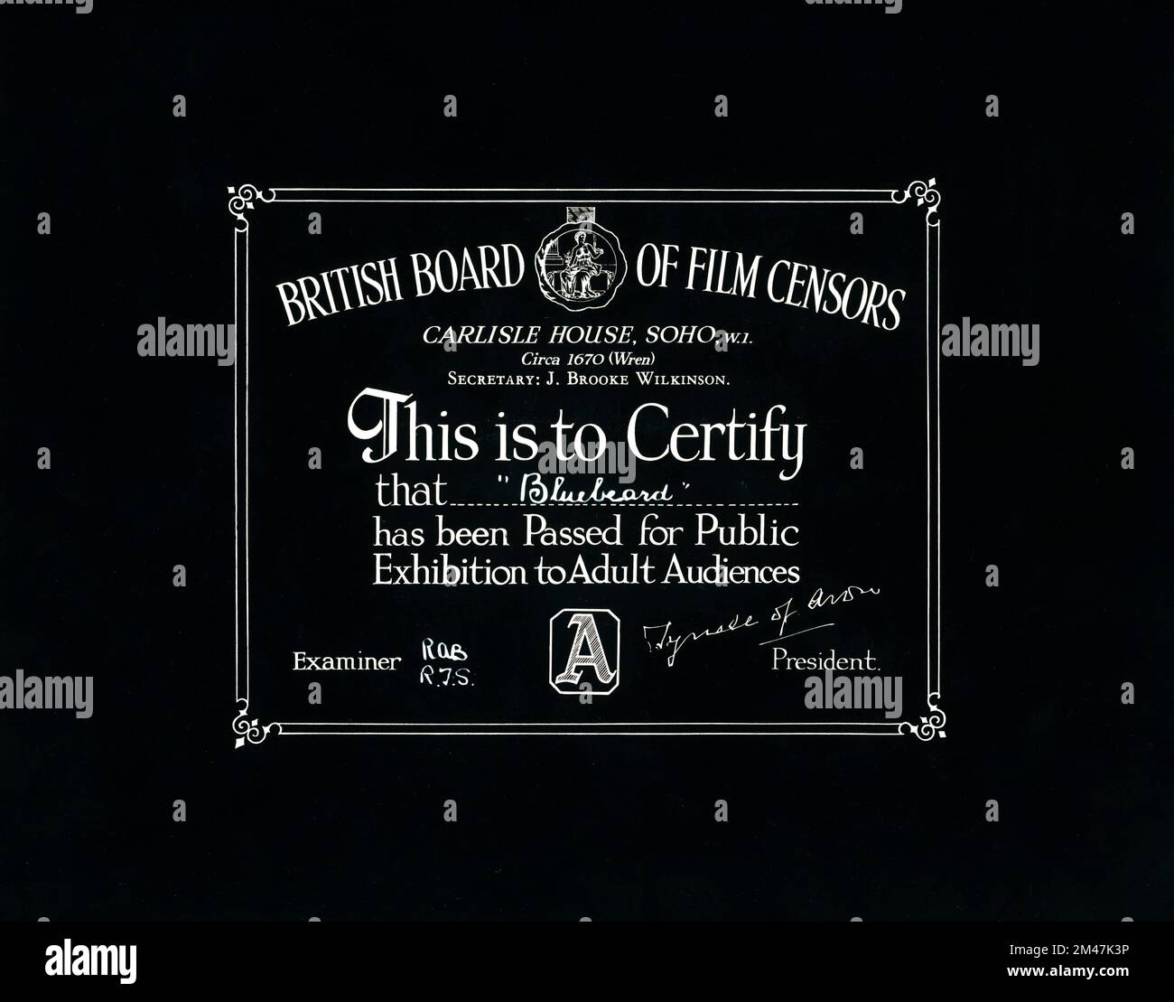 British Board of Film Censors Censor Card für die britische Veröffentlichung VON JOHN CARRADINE JEAN PARKER und NILS ASTHER in BLUEBEARD 1944 Director EDGAR G. ULMER Producers Releasing Corporation (VR China) Stockfoto
