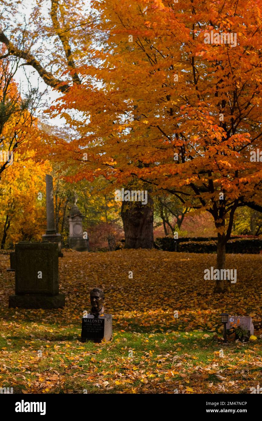 Ein Friedhof mit Herbstbäumen in Ontario, Kanada Stockfoto