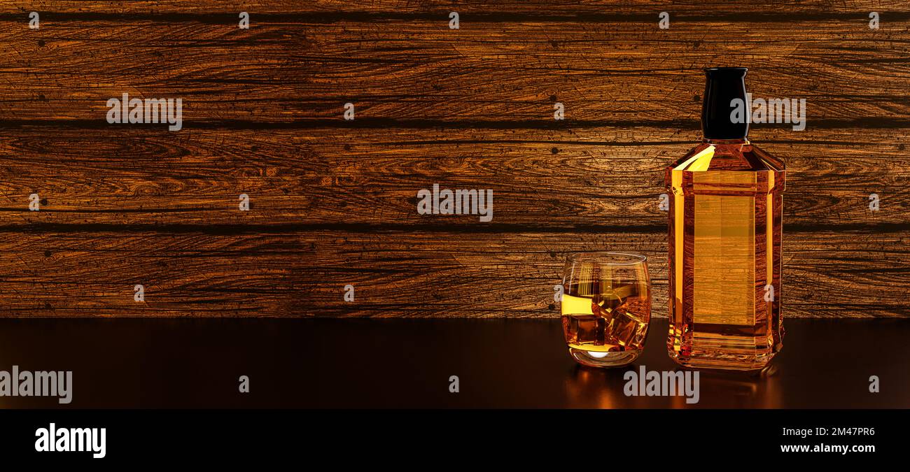 Glas und Flasche Whiskey/Brandy und Eiswürfel Scotch auf den Felsen mit Hintergrundbeleuchtung auf Holzhintergrund Stockfoto