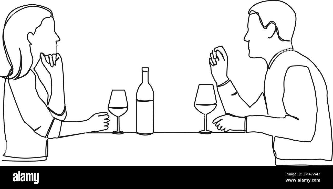 Durchgehende einzeilige Zeichnung eines Paares, das am Esstisch sitzt und Wein trinkt, Strichkunstdarstellung Vektordarstellung Stock Vektor