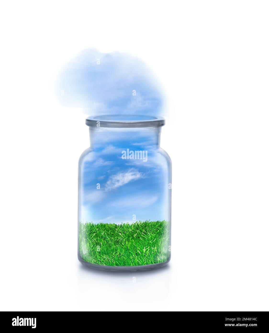 Landschaft mit Gras in einer Chemikalienflasche auf weißem Hintergrund. Freundlicher Himmel, der draußen fließt. Komisches ökologisches und nachhaltiges Konzept. Stockfoto